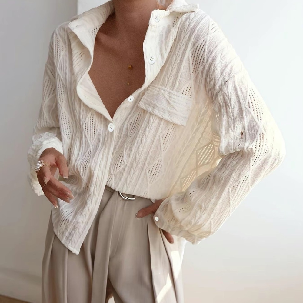 Textured button front blouse in Apricot